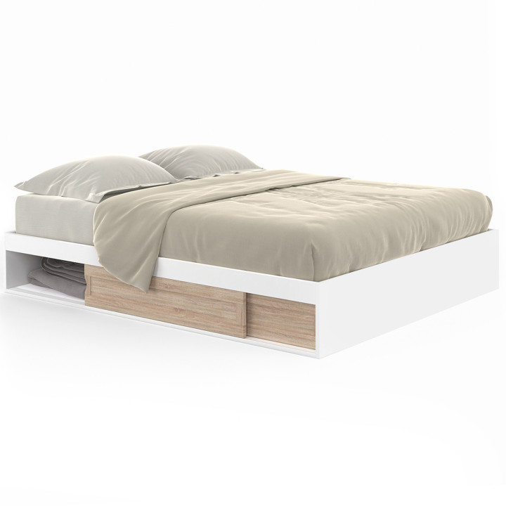 Struttura letto 140x190cm con contenitore e materasso in legno bianco e faggio - SALEM | ID Market