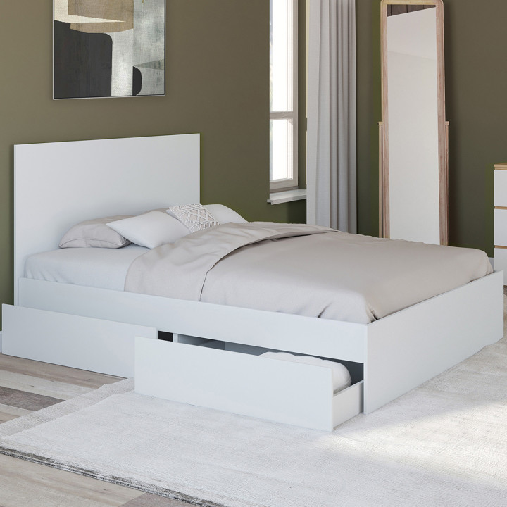 Letto matrimoniale 140x190 bianco 4 cassetti su ruote con testiera - OMAHA | ID Market
