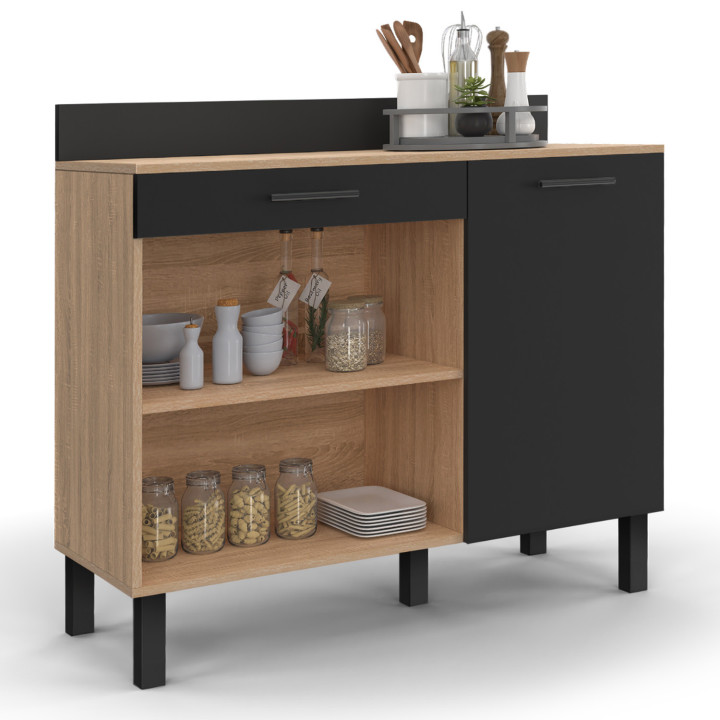Credenza bassa da cucina 100cm in faggio anta + cassetto nero - CINA | ID Market
