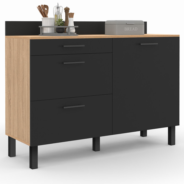 Credenza da cucina in faggio e nero con 1 anta e 3 cassetti - CINA | ID Market