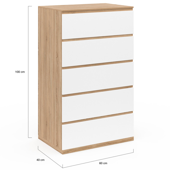 Cassettiera in legno faggio e bianco 5 cassetti 60cm - TOMI | ID Market