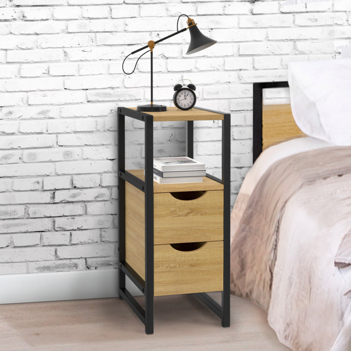 Comodini industriali in legno e metallo nero 2 cassetti 1 nicchia - DETROIT | ID Market