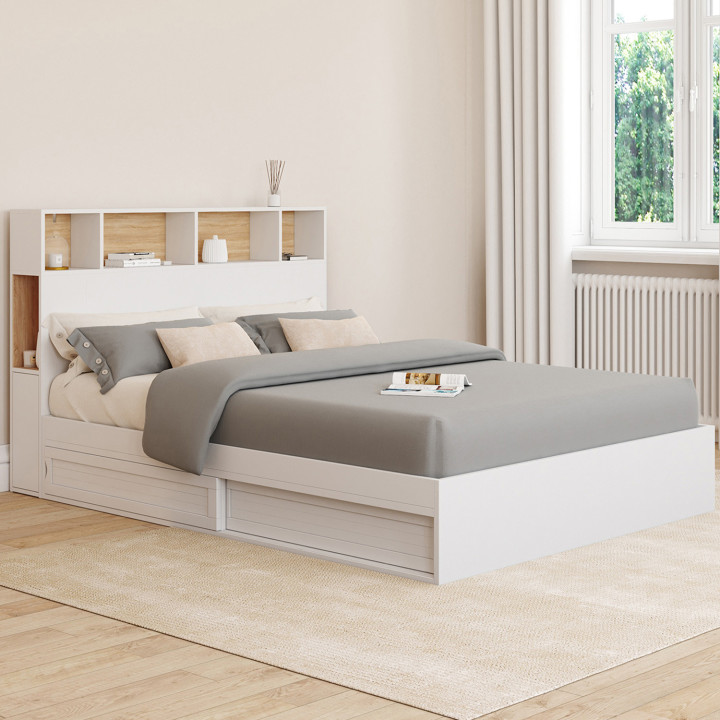 Letto matrimoniale con contenitore, testiera e base bianca 140x190 - CLEM | ID Market