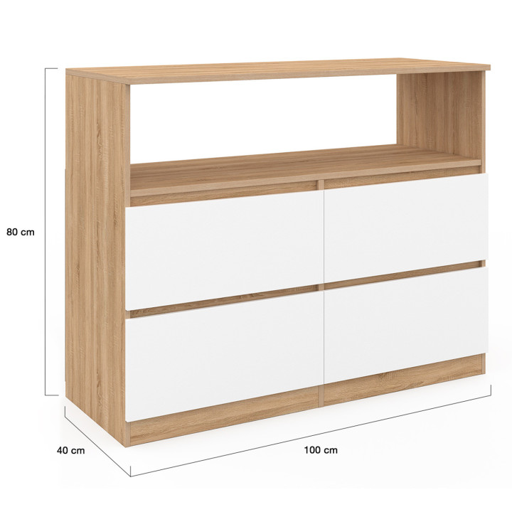 Cassettone a 4 cassetti da 100 cm con nicchia effetto faggio bianco - TOMI | ID Market