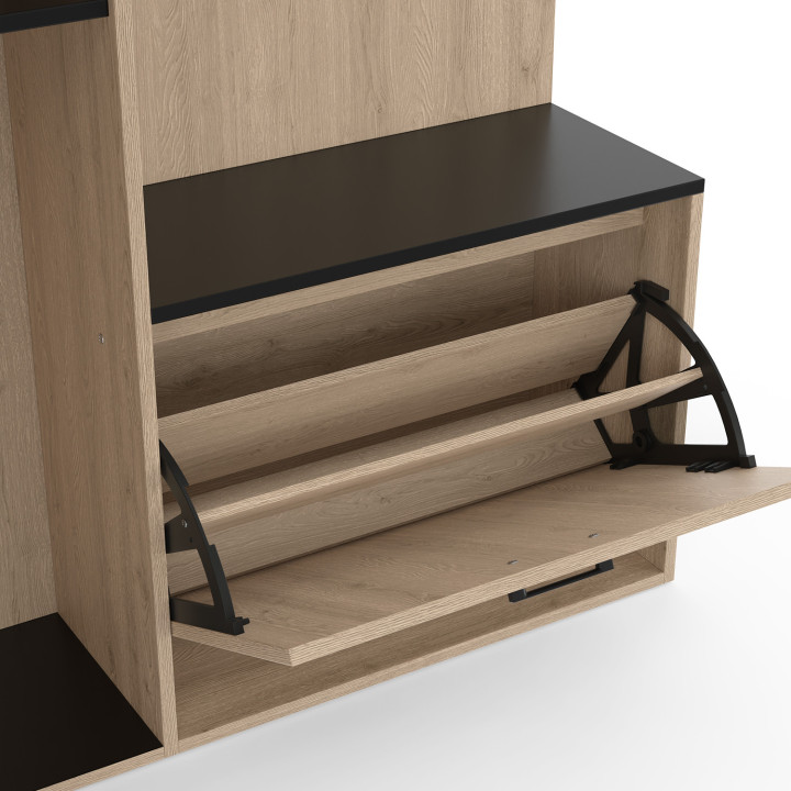 Guardaroba d'ingresso con scarpiera, specchio, armadio e mensole nere e effetto legno - MAHAUT | ID Market