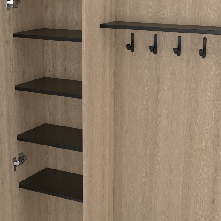 Guardaroba d'ingresso con scarpiera, specchio, armadio e mensole nere e effetto legno - MAHAUT | ID Market