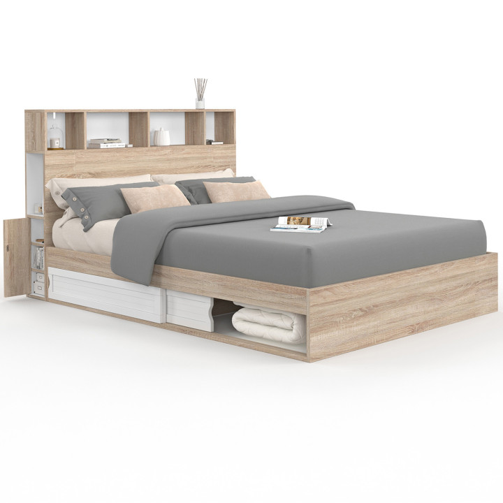 Letto matrimoniale con contenitore + testiera e rete 140 x 190 cm in faggio e bianco - CLEM | ID Market