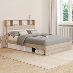 Letto matrimoniale con contenitore + testiera e rete 140 x 190 cm in faggio e bianco - CLEM | ID Market