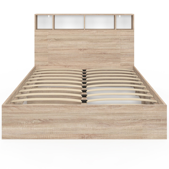Letto matrimoniale con contenitore + testiera e rete 140 x 190 cm in faggio e bianco - CLEM | ID Market