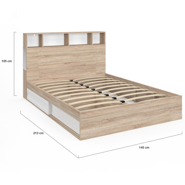 Letto matrimoniale con contenitore + testiera e rete 140 x 190 cm in faggio e bianco - CLEM | ID Market