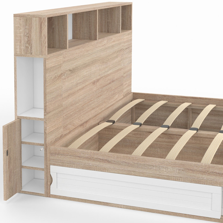 Letto matrimoniale con contenitore + testiera e rete 140 x 190 cm in faggio e bianco - CLEM | ID Market