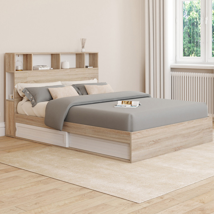 Letto matrimoniale con contenitore + testiera e rete 140 x 190 cm in faggio e bianco - CLEM | ID Market