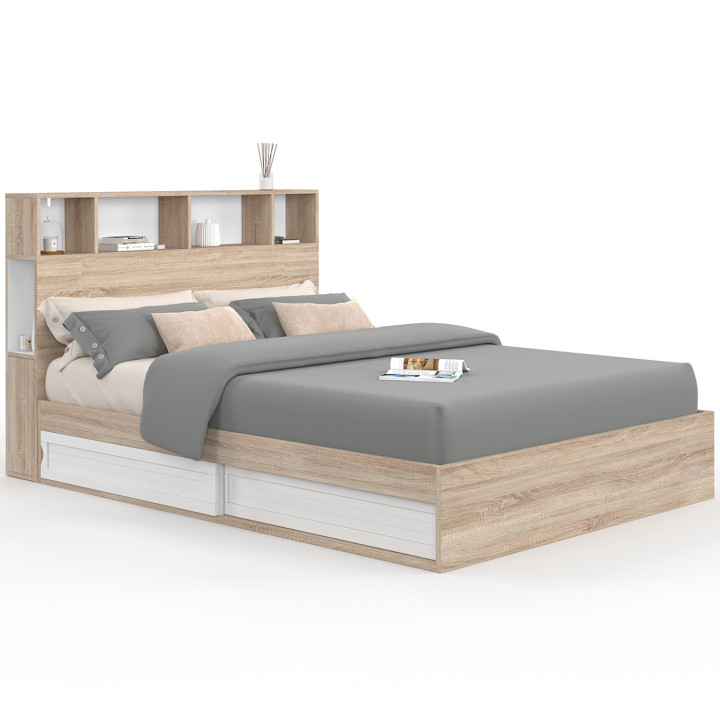 Letto matrimoniale con contenitore + testiera e rete 140 x 190 cm in faggio e bianco - CLEM | ID Market