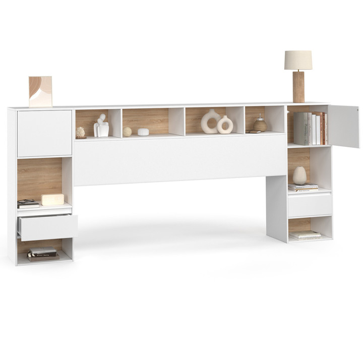 Testata con piedistallo in bianco e legno con comodini a cassetti, armadi e nicchie - CAMPHA | IDMarket