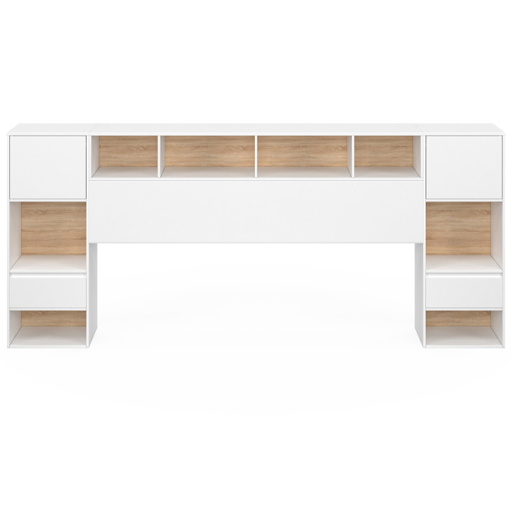 Testata con piedistallo in bianco e legno con comodini a cassetti, armadi e nicchie - CAMPHA | IDMarket