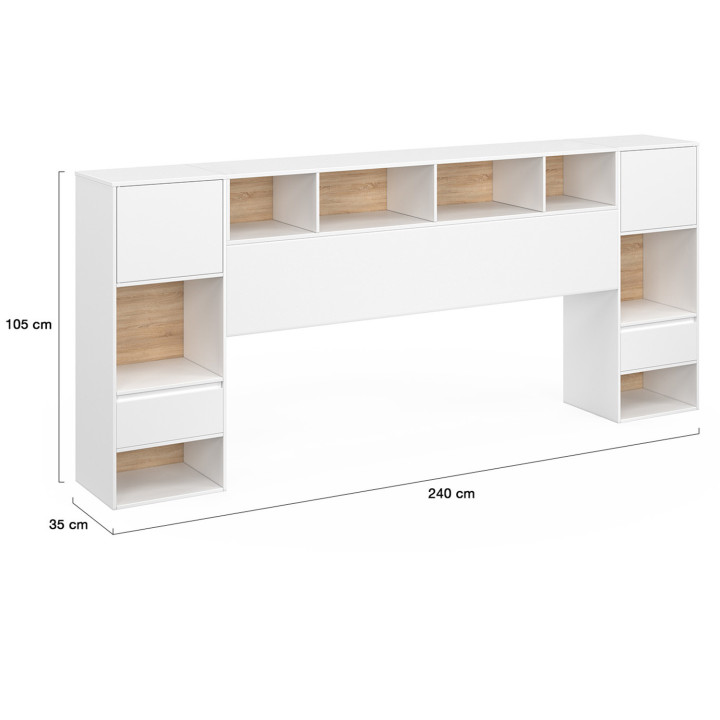 Testata con piedistallo in bianco e legno con comodini a cassetti, armadi e nicchie - CAMPHA | IDMarket