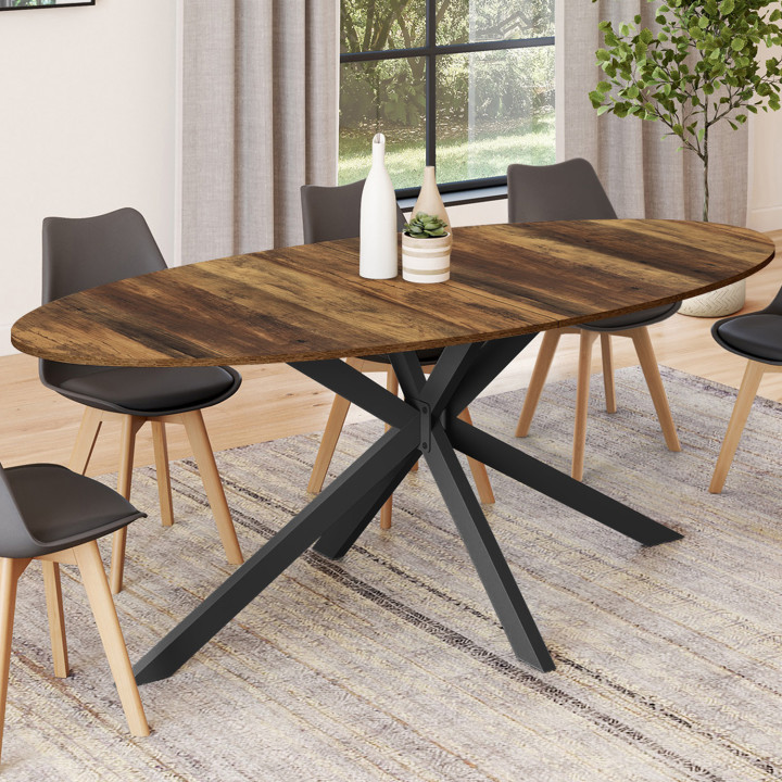 Tavolo da pranzo ovale per 10 persone con gamba a ragno nera e piano in legno scuro 200 cm - ALIX | ID Market