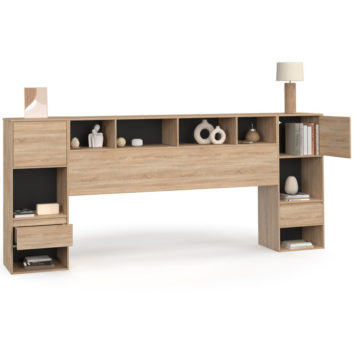 Testata con piedistallo in legno e nero con comodini a cassetto, armadi e nicchie - CAMPHA | IDMarket