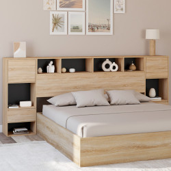 Testata con piedistallo in legno e nero con comodini a cassetto, armadi e nicchie - CAMPHA | IDMarket