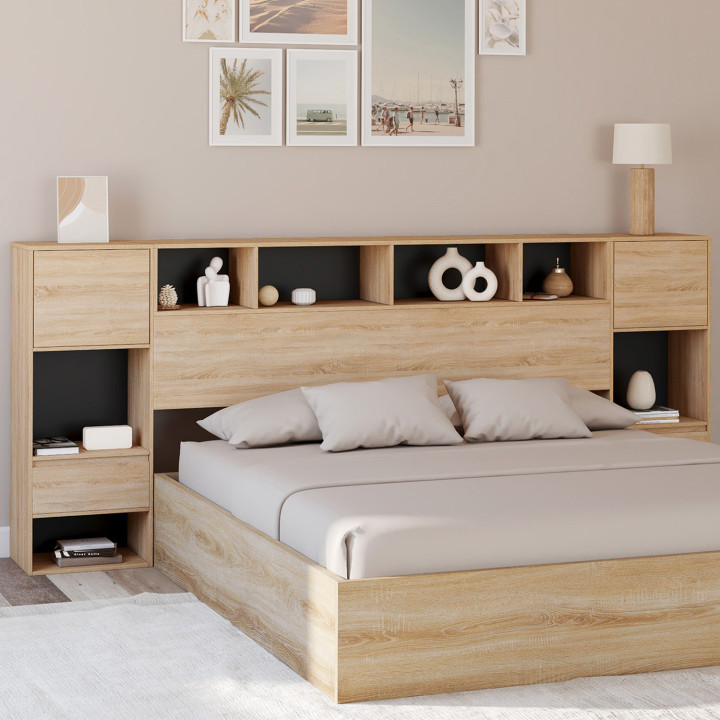 Testata con piedistallo in legno e nero con comodini a cassetto, armadi e nicchie - CAMPHA | IDMarket