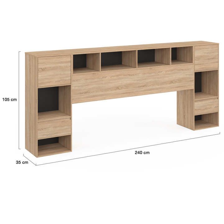 Testata con piedistallo in legno e nero con comodini a cassetto, armadi e nicchie - CAMPHA | IDMarket