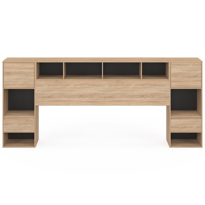 Testata con piedistallo in legno e nero con comodini a cassetto, armadi e nicchie - CAMPHA | IDMarket