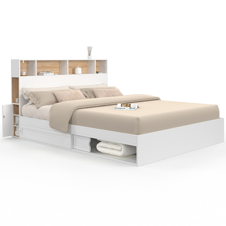 Letto matrimoniale con rete a doghe 160 x 200 cm e testiera bianca e faggio - CLEM | ID Market
