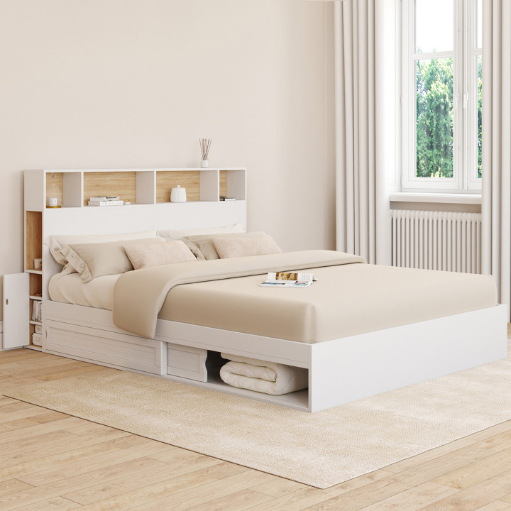 Letto matrimoniale con rete a doghe 160 x 200 cm e testiera bianca e faggio - CLEM | ID Market
