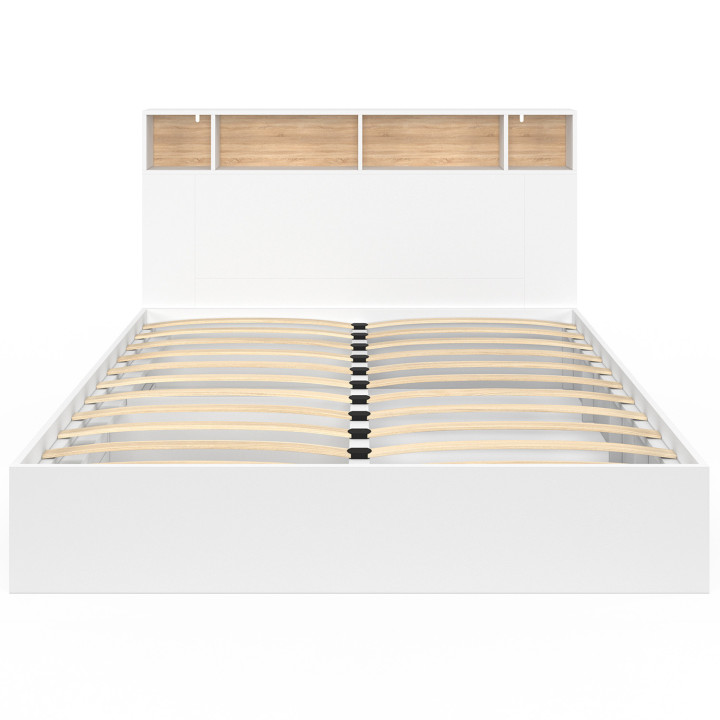 Letto matrimoniale con rete a doghe 160 x 200 cm e testiera bianca e faggio - CLEM | ID Market
