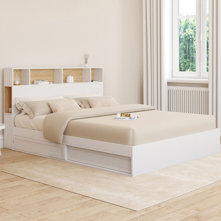 Letto matrimoniale con rete a doghe 160 x 200 cm e testiera bianca e faggio - CLEM | ID Market