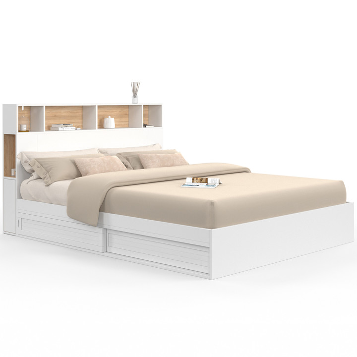 Letto matrimoniale con rete a doghe 160 x 200 cm e testiera bianca e faggio - CLEM | ID Market