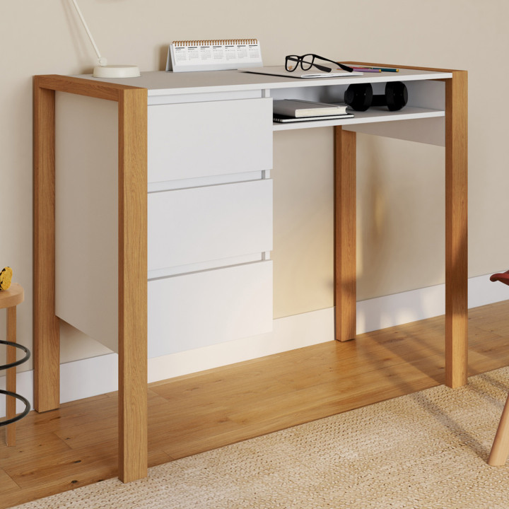 Scrivania scandinava in legno e bianco con 3 cassetti e 1 nicchia - HUGO | ID Market