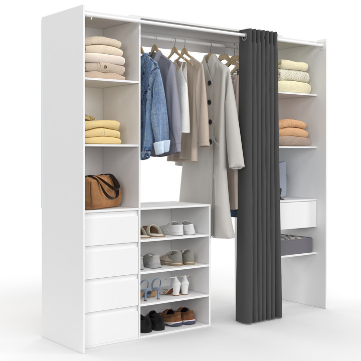 Ampio spogliatoio doppio estensibile bianco con tenda grigia - MERYL | IDMarket