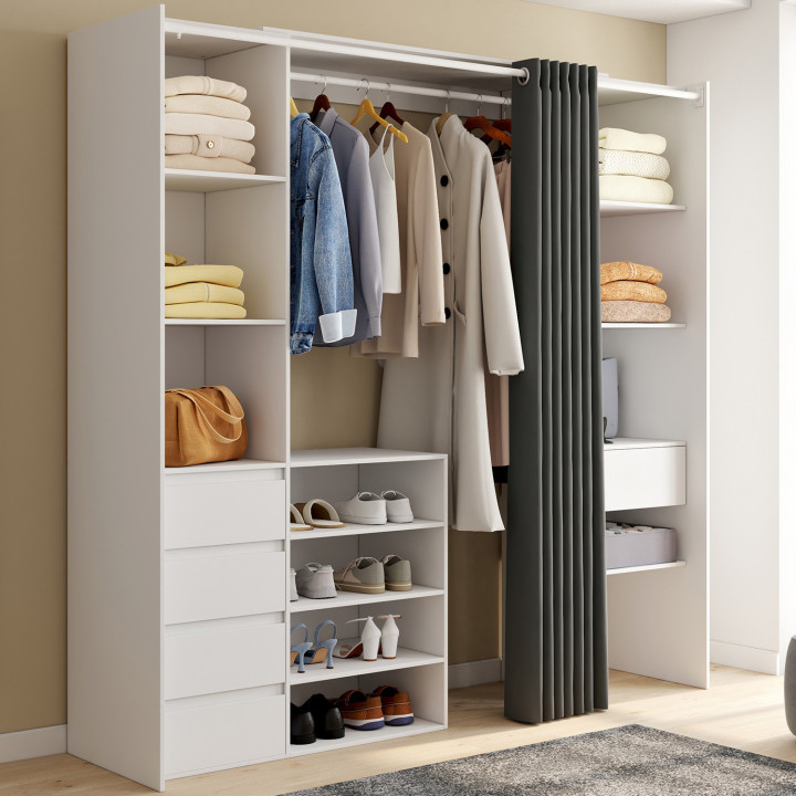 Ampio spogliatoio doppio estensibile bianco con tenda grigia - MERYL | IDMarket