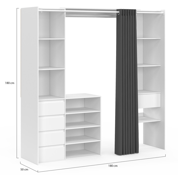 Ampio spogliatoio doppio estensibile bianco con tenda grigia - MERYL | IDMarket