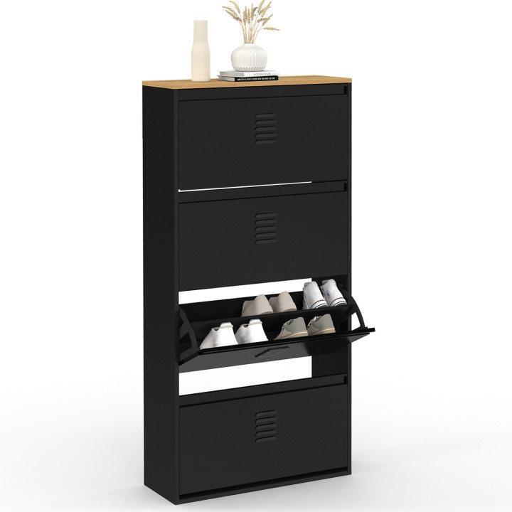 Scarpiera 24 paia 4 ante in metallo nero e piano in legno dal design industriale - ESTER | ID Market