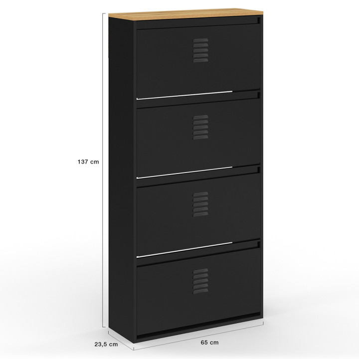 Scarpiera 24 paia 4 ante in metallo nero e piano in legno dal design industriale - ESTER | ID Market
