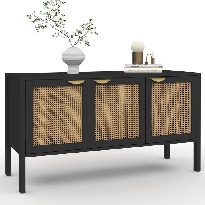 Credenza bassa in legno nero 110 cm 3 ante in canna - EDHEN | ID Market