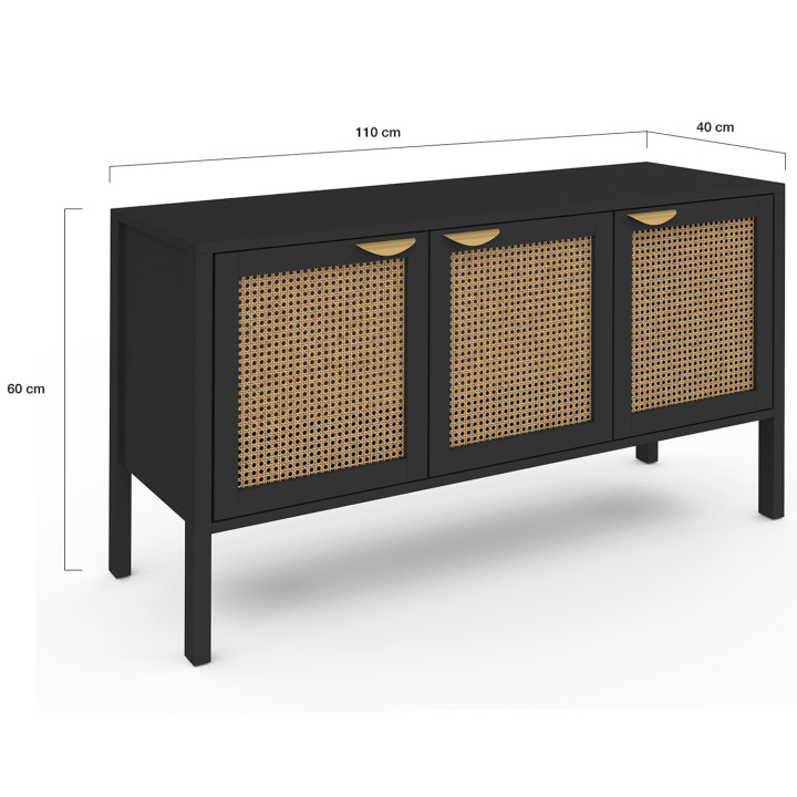 Credenza bassa in legno nero 110 cm 3 ante in canna - EDHEN | ID Market