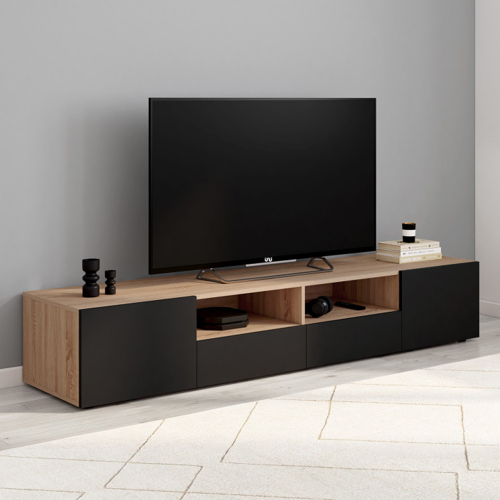 Mobile TV da 180 cm in legno di faggio con ante nere - ELI | ID Market