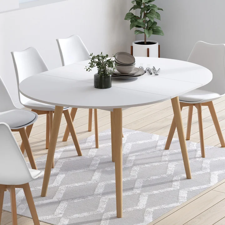 Tavolo da pranzo rotondo allungabile 4-8 persone gamba in legno bianco 110 - 150 cm - ANGELA | ID Market