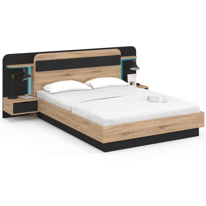 Letto matrimoniale 140 x 190 cm con testata sospesa, ripiano in legno e nero - NATHAN | ID Market