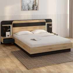 Letto matrimoniale 140 x 190 cm con testata sospesa, ripiano in legno e nero - NATHAN | ID Market
