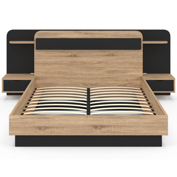 Letto matrimoniale 140 x 190 cm con testata sospesa, ripiano in legno e nero - NATHAN | ID Market