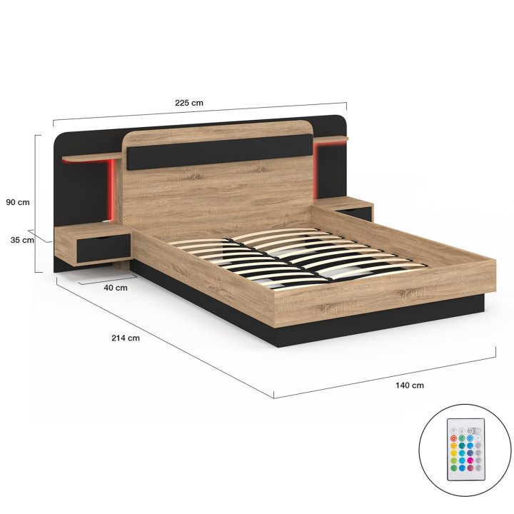 Letto matrimoniale 140 x 190 cm con testata sospesa, ripiano in legno e nero - NATHAN | ID Market