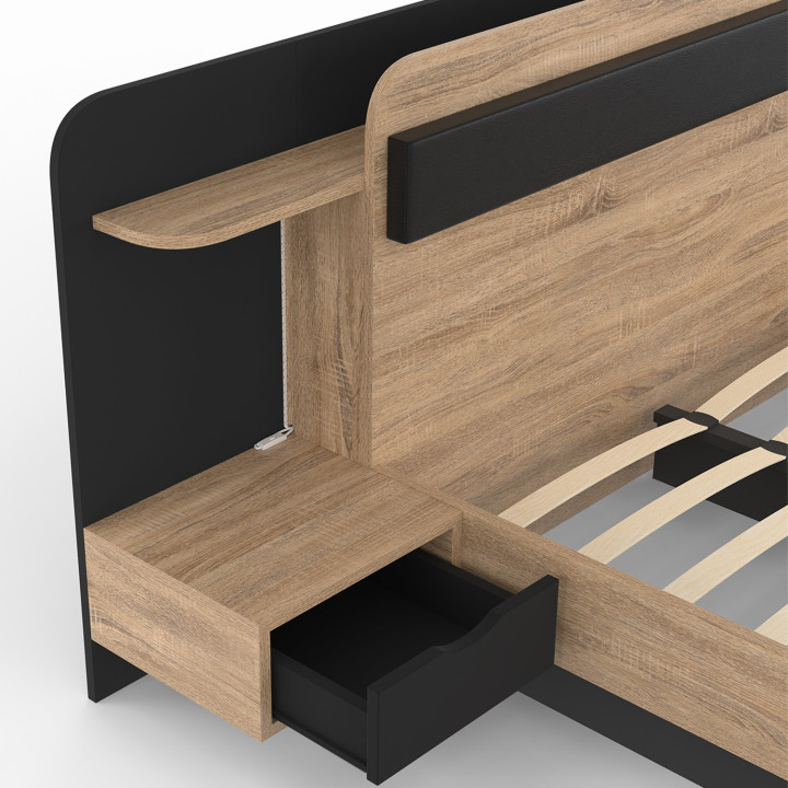 Letto matrimoniale 140 x 190 cm con testata sospesa, ripiano in legno e nero - NATHAN | ID Market