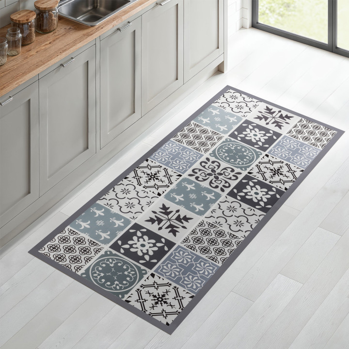 Tappeto vinilico effetto piastrelle in cemento bianco e nero 66 x 160 cm | ID Market