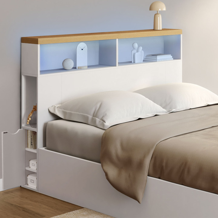 Testiera a LED con top effetto legno da 145 cm, nicchie e contenitori bianchi - LUNA | ID Market