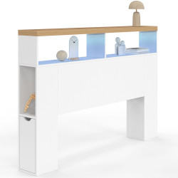 Testiera a LED con top effetto legno da 145 cm, nicchie e contenitori bianchi - LUNA | ID Market