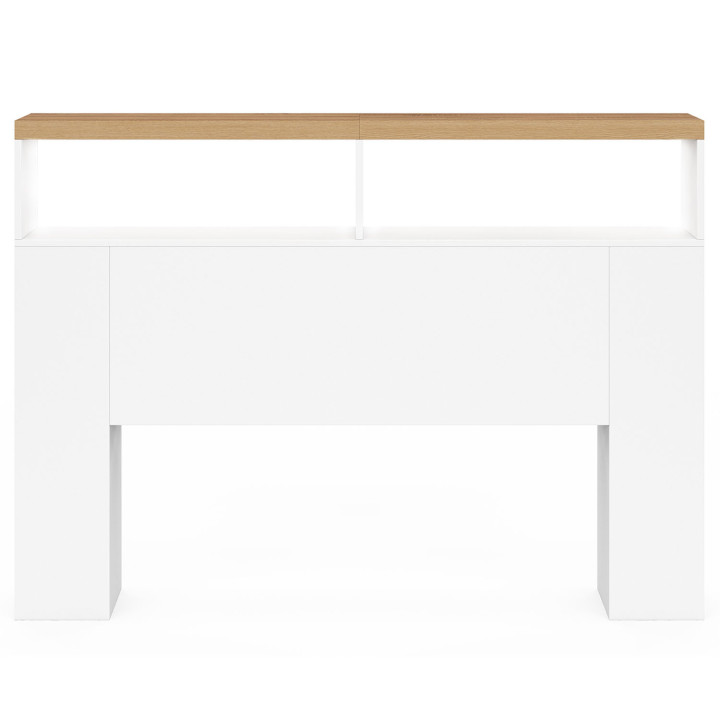 Testiera a LED con top effetto legno da 145 cm, nicchie e contenitori bianchi - LUNA | ID Market